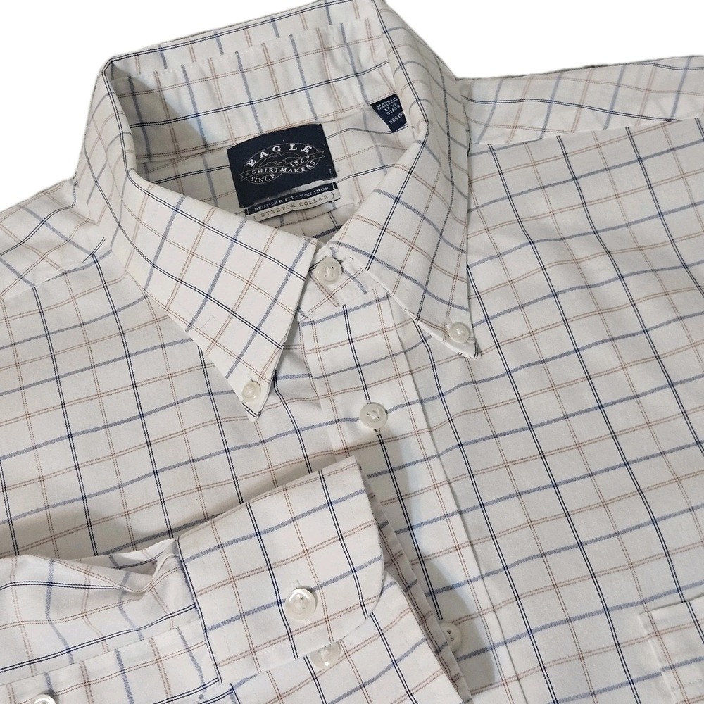 EAGLE SHIRTMAKER DRESS‎ Stretch Collar SHIRT-17.5 Plaid 32/33 Non-iron Oxford
